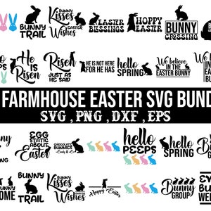 May include: A set of 28 farmhouse style Easter SVG designs. The designs feature bunnies, eggs, and Easter greetings. The designs are perfect for creating crafts, cards, and other projects.