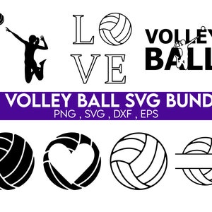 May include: A set of 28 black and white volleyball SVG designs. The designs include a volleyball, a volleyball player, a heart shape, and a monogram design. The text "LO VE VOLLEY BALL" is also included. The designs are perfect for creating custom t-shirts, mugs, and other crafts.