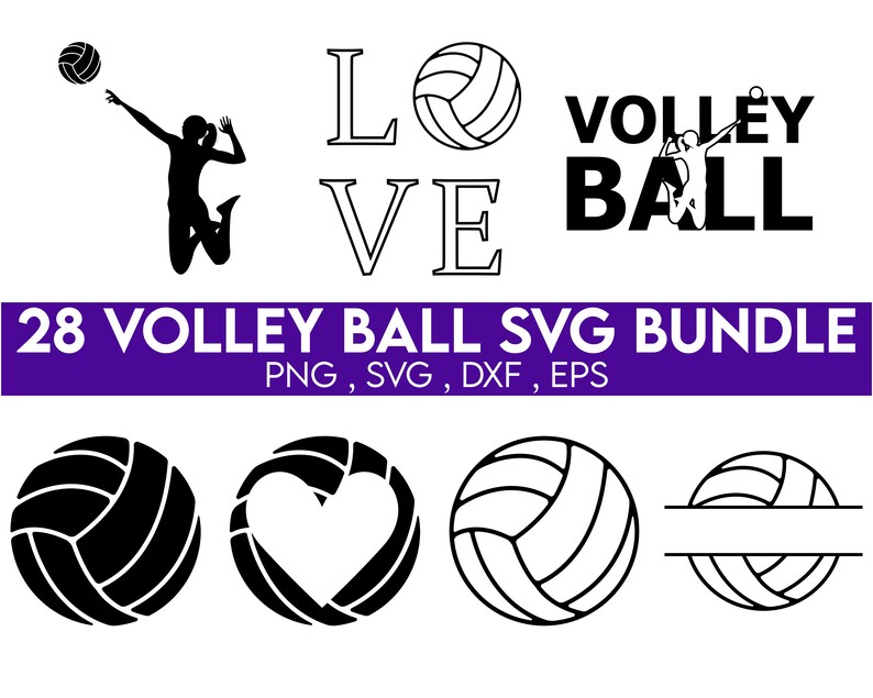 May include: A set of 28 black and white volleyball SVG designs. The designs include a volleyball, a volleyball player, a heart shape, and a monogram design. The text "LO VE VOLLEY BALL" is also included. The designs are perfect for creating custom t-shirts, mugs, and other crafts.