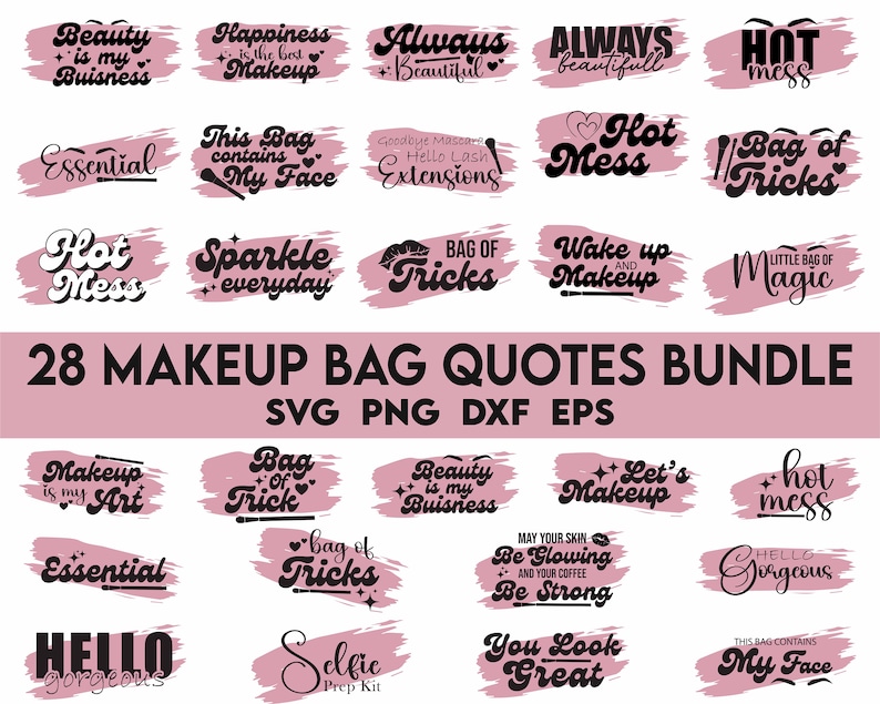 Sminkväska SVG-paket, skönhetscitat svg, sminkväska svg, mode svg, sminkväska design, sminkväska PNG bild 1