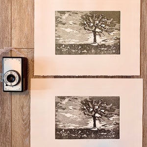 May include: Two framed black and white prints of a tree with a cloudy sky in the background. The prints are on a light brown wooden surface.