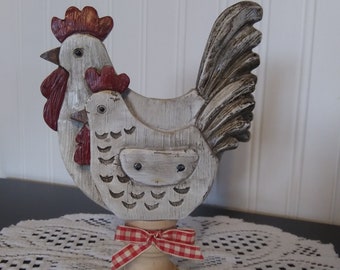White Distressed Rooster and Hen Decor