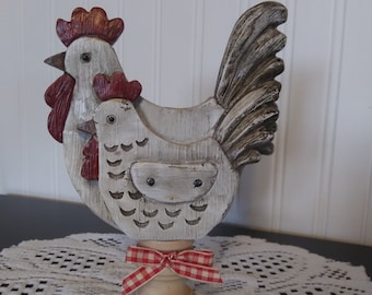 White Distressed Rooster and Hen Decor