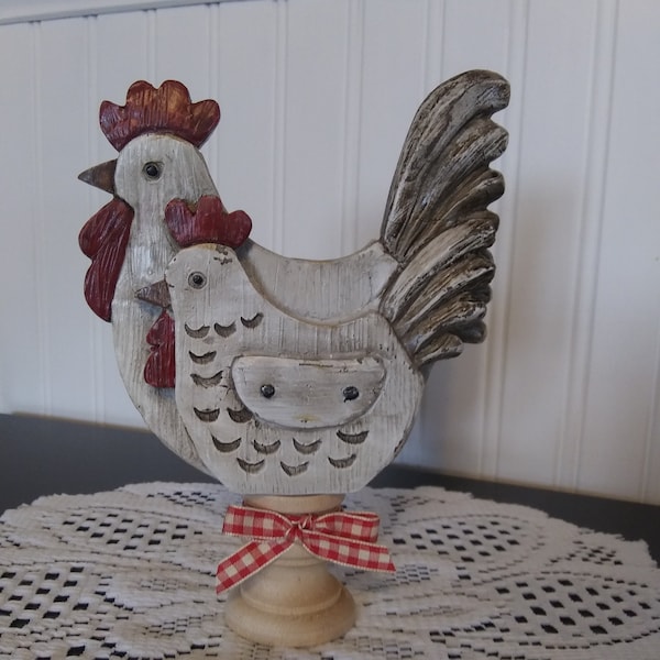 White Distressed Rooster and Hen Decor