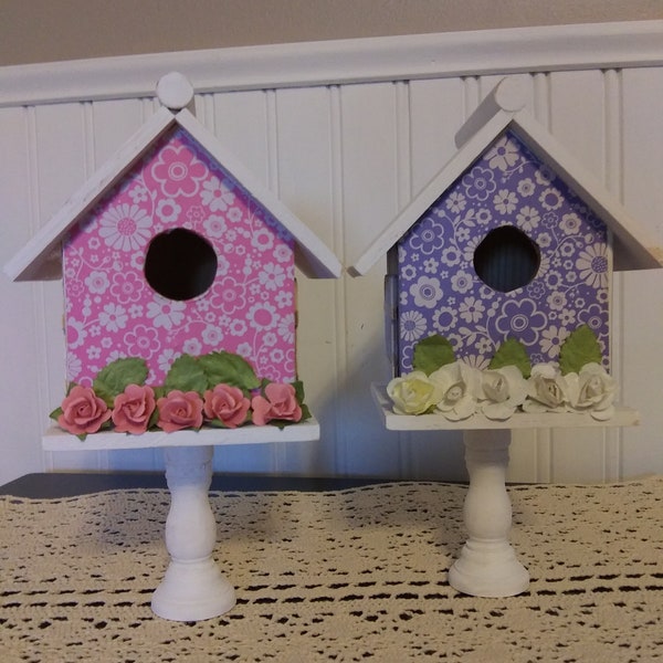 Blue and Pink Mini Birdhouses on Pedestal