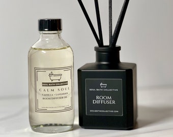 Reed Room Diffuser & Refill, Vanilla Lavender Scent: Calm Soul, Home Fragrance, Clean Freshener, Stylish Square Black Bottle, Black Reeds