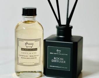 Reed Room Diffuser & Refill, Romantic Scent - Soulmate: Champagne and Rose,  Natural Air Freshener, Stylish Square Bottle, Black Reeds, Gift