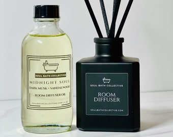 Reed Room Diffuser and Refill, Midnight Soul: Dark Musk & Sandalwood, Natural Home and Room Fragrance, Stylish Square Bottle, Black Reeds