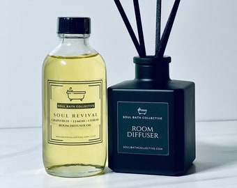 Reed Room Diffuser, Citrus Scent: Soul Revival, Natural Home and Room Air Freshener, Stylish Square Bottle, Black Reeds, Set or Refill only