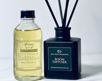 Reed Room Diffuser & Refill, Clean Fresh Spa Scent, Cleansed Soul: Bergamot Eucalyptus, Natural Home Fragrance, Stylish Square Black Bottle