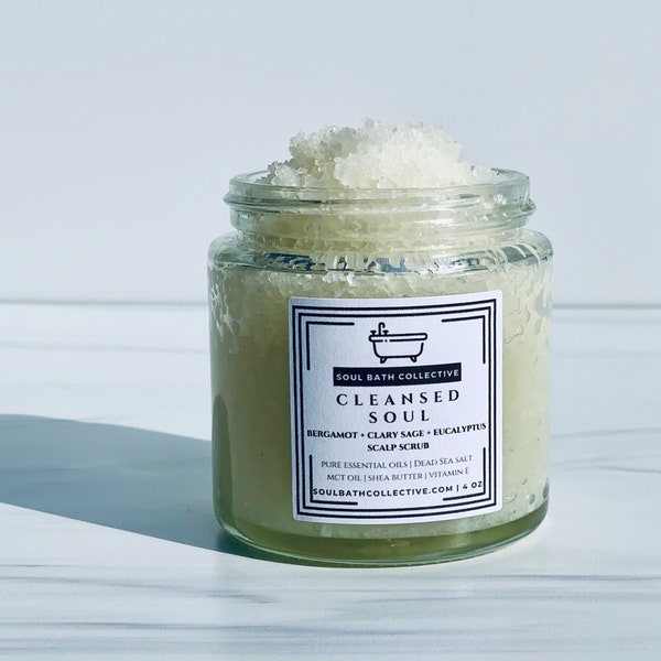 Scalp & Body Scrub, Cleansed Soul: Bergamot, Clary Sage, Eucalyptus, Dead Sea Salt, MCT Oil, Shea Butter, 4 oz Eco-Friendly Glass Jar