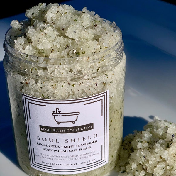 Body Polish Salt Scrub, Eucalyptus Mint Lavender, Soul Shield, Dead Sea Salt, MCT Oil, Shea Butter, Essential Oils