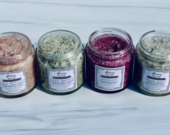 Body Polish Salt Scrub, 4 Pack Variety Gift Set Bundle, Grapefruit Lemon Rosemary, Eucalyptus Mint Lavender, Champagne Rose,Vanilla Lavender