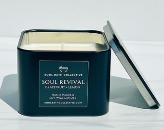 Grapefruit Lemon Citrus, Soy Wax Candle, Soul Revival, Clean Burning and Eco-Friendly, Black Square Container Vessel, 8 oz