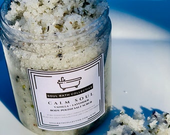 Body Polish Salt Scrub, Vanilla Lavender, Calm Soul, Dead Sea Salt, MCT Oil, Shea Butter, Essential Oils, Dried Botanicals