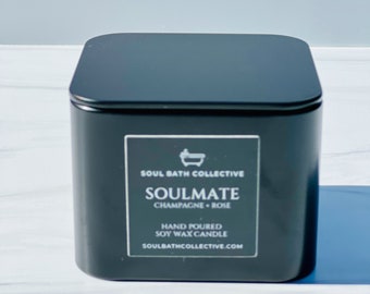 Champagne Rose Soy Wax Candle, Soulmate, Clean Burning and Eco-Friendly, Square Black Tin, 8 oz