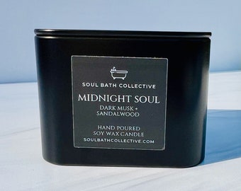 Dark Musk and Sandalwood Soy Wax Candle, Midnight Soul, Clean Burning and Eco-Friendly, Travel Friendly Square Black Tin, 8 oz