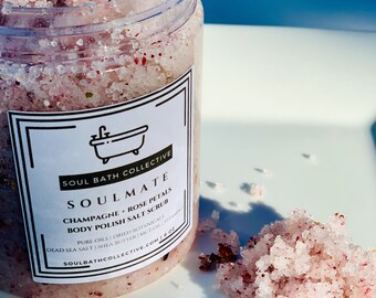 Body Polish Salt Scrub, Champagne & Rose Petals, Soulmate, Dead Sea Salt, MCT Oil, Shea Butter, Essential Oils, Dried Botanicals