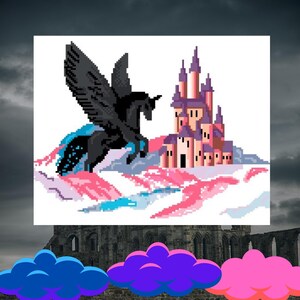 May include: A black winged unicorn flies over a pink and blue landscape towards a pink castle with multiple towers.