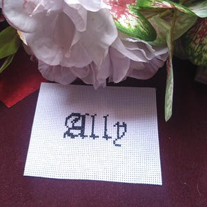 May include: A white rectangular piece of Aida fabric featuring the name Ally stitched in black thread using a gothic-style font. The cross-stitch embroidery is centered on the fabric, which has a visible grid pattern for needlework projects.