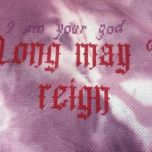 Könnte beinhalten: Kreuzstich-Kunstwerk auf rosa Stoffhintergrund. Der Text in Rot lautet „I am your god, long may I reign“. Die Stickerei ist in einem gotischen Schriftstil gehalten und erzeugt eine kühne visuelle Aussage.