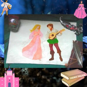 May include: A hand-painted needlepoint canvas featuring a princess in a pink dress and a man playing a lute. The scene is set in a forest with a blue background.