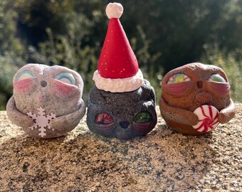 Christmas Rock Pals, Christmas decor, rock pet, orginal sculpture, handmade, clay figurine, polymer clay, gift, cute, rocks