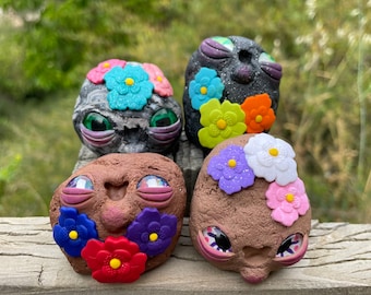 Rock Pals (Flowers),  rock friend, orginal sculpture, one of a kind, handmade clay figurine, polymer clay, ooak, gift, cute, rocks, present