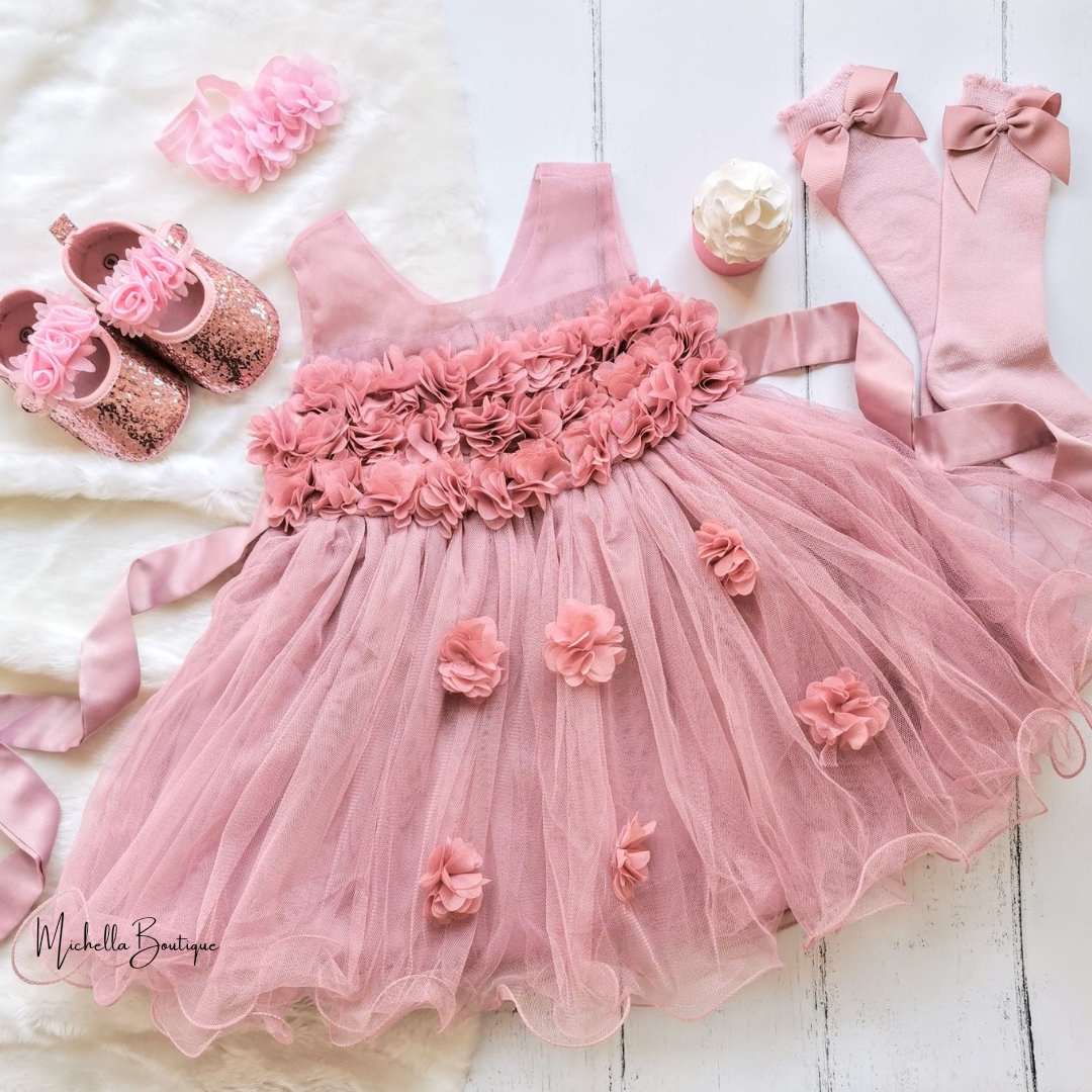 MichellaBoutique Mauve Girl Dress, Lace Tulle Baby Girl Dress, Birthday Baby Girl Dress, Weeding Baby Dress, Photoshoot Party Baby Dress, Flower Girl Dress