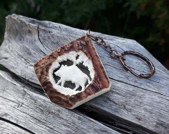Hand-Carved Antler Wild Boar Pendant - Woodland Necklace or Keychain