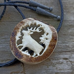 Hand-Carved Elk Bolo Tie: Stag Antler, Hunter Gift