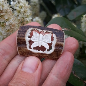Eine handgeschnitzte Schmetterlingsbrosche - hergestellt aus recyceltem Naturhaar.