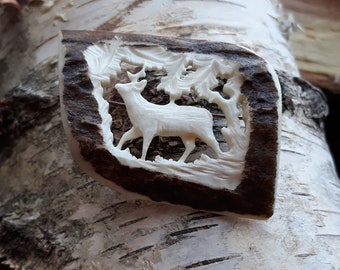 Hand-Carved Deer Antler Brooch: Czech Handmade Pin