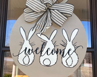 Spring Welcome  Door Hanger Three Bunny Welcome Spring Door Hanger Round Spring Door Sign Spring Door Wreath