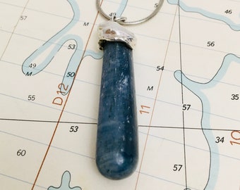 Handmade silver and blue stone pendant necklace, polished blue kyanite pendant, handmade silver jewellery