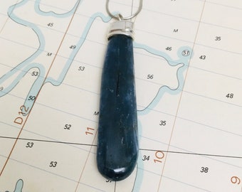 Handmade silver and blue stone pendant necklace, polished blue kyanite pendant, handmade silver jewellery