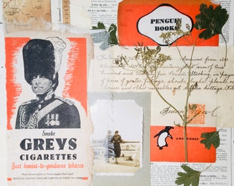 Original Vintage Collage, Mixed Media Art, Orange Picture, Ephemera Art, Found Object Art