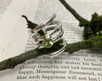 Handmade sterling silver and green peridot spiral wrap ring, green gemstone ring, UK size N 1/2 ring, US size 6.75, no. 14 size ring