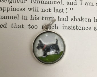 Vintage scottie dog glass button/silver pendant, retro scottie dog silver charm, 1950s silver trinket