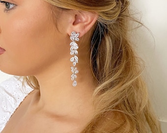 Laura ~ Silver wedding earrings, long earrings, cz bridal earrings, drop earrings, statement earrings for brides, luxury earrings for bride