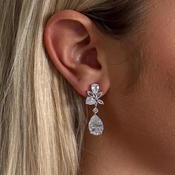 Carolyn • Silver bridal earrings, crystal wedding earrings, wedding jewellery UK, earrings for bride, bridesmaid earrings