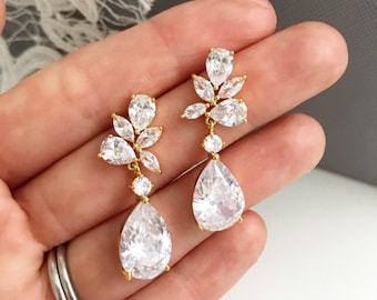 Carolyn || Teardrop gold earrings, crystal earrings, wedding earrings for brides, gold bridal jewellery, drop bridal earrings, floral bridal