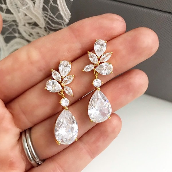 Carolyn || Teardrop gold earrings, crystal earrings, wedding earrings for brides, gold bridal jewellery, drop bridal earrings, floral bridal
