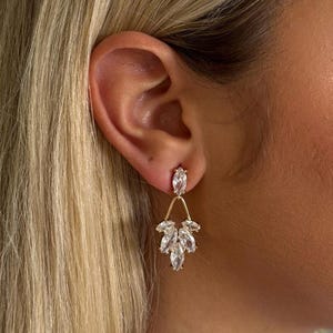 Leanora • gold drop earrings for bride, gold wedding day jewellery UK, statement sparkle bridal earrings, unique earrings for wedding