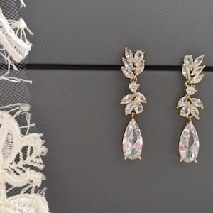 Taylor ~ Gold wedding earrings, cz bridal earrings, drop earrings, wedding earrings for bride, bridal earrings drop, teardrop earrings
