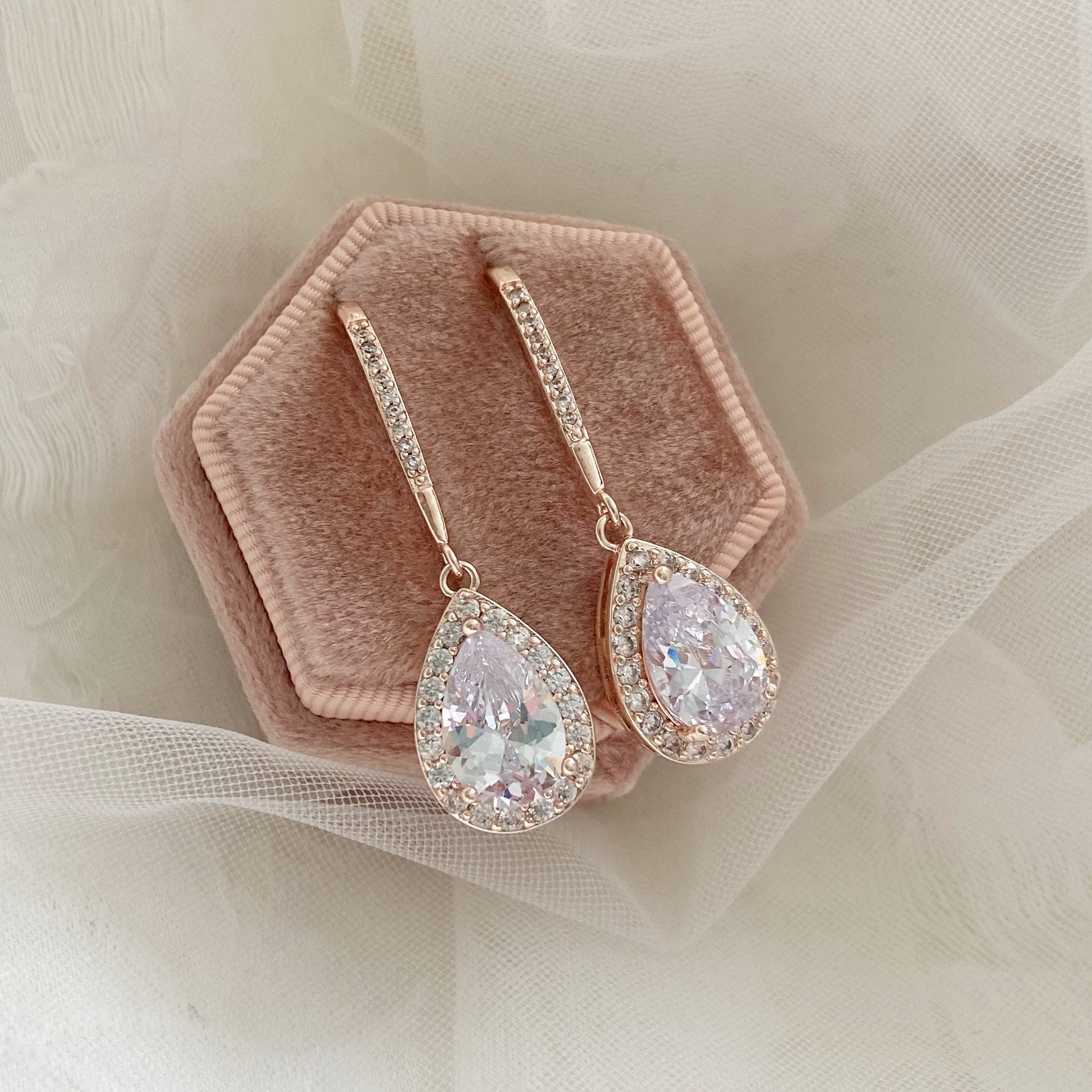 Buy Rose Gold Bridal Earrings, Wedding Dangle Earrings, Bridesmaid Earrings,  Teardrop Earrings, Crystal Drop Earrings, Wedding Jewelry, Emma Online in  India - Etsy