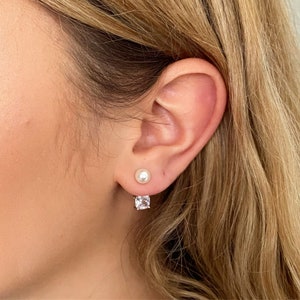 India  ~ Pearl earrings for bride, modern wedding earrings, silver ear jacket, silver crystal bridesmaid earrings uk, Pearl studs