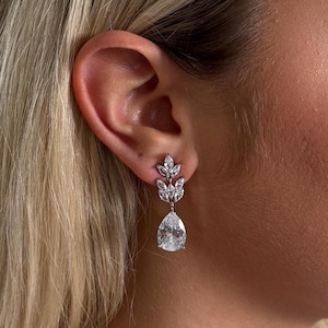 Lauren ~ Silver earrings, bridal drop earrings, wedding earrings silver, cz drop earrings, bridal jewellery, tear drop crystal earrings