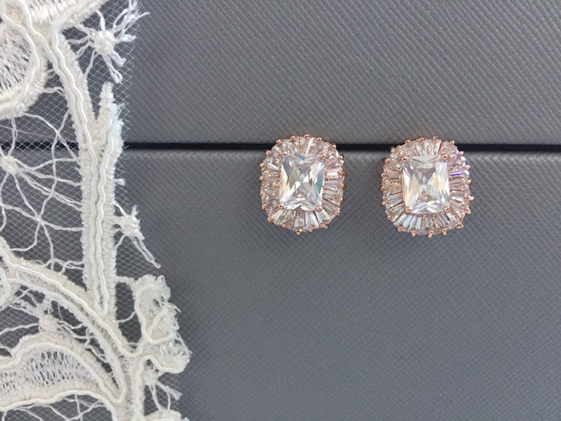 wedding earrings for bride bridal earrings vintage earrings rose gold crystal stud earrings Rose gold earrings square VIOLA art deco