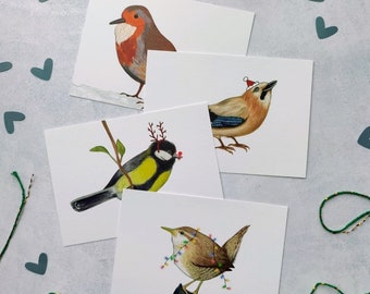 Kerstkaarten set 'Birds' | 4 kaarten | kerstkaarten A6 | wenskaarten | Christmas | vogels | tuinvogels